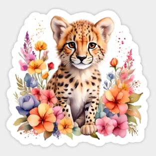 A baby cheetah decorated with beautiful watercolor flowers Sticker